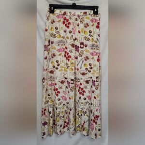 Indigo Rose Cream Midi Women's Skirt Food/Wine Print Teired Size Small